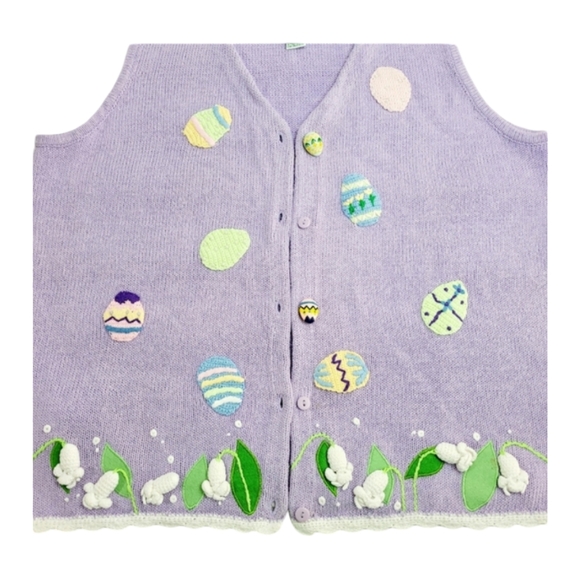 Rare Quacker Factory Lavender Appliqued Embroidered Easter Sweater Vest Large - Picture 2 of 10
